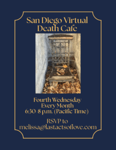 Navy background with gold border, gold lettering San Diego Virtual Death Cafe with chair in pile of leaves.