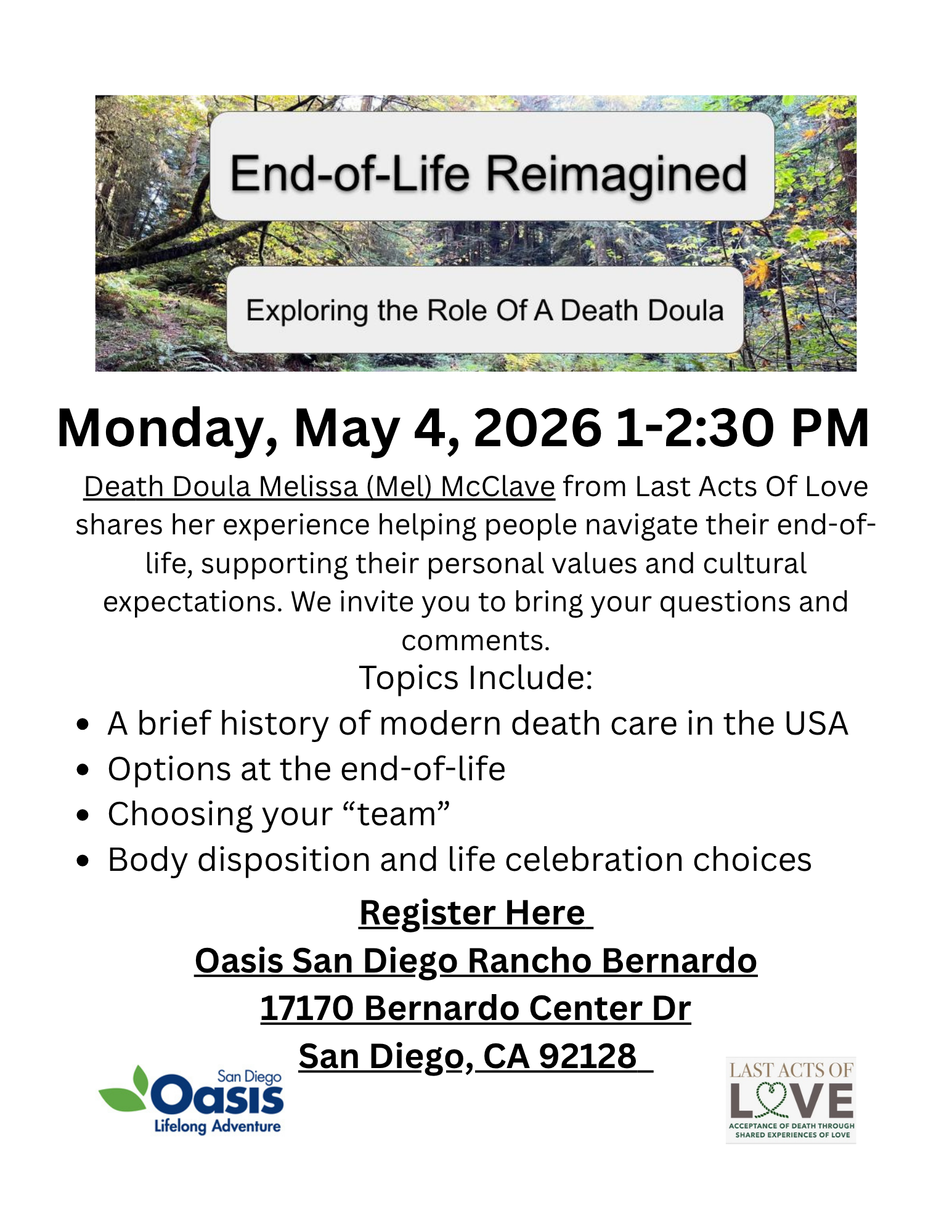 "End-of-Life Reimagined: Exploring the Role of a Death Doula" May 4, 2026 1-2:30 PM SDOasis Rancho Bernardo