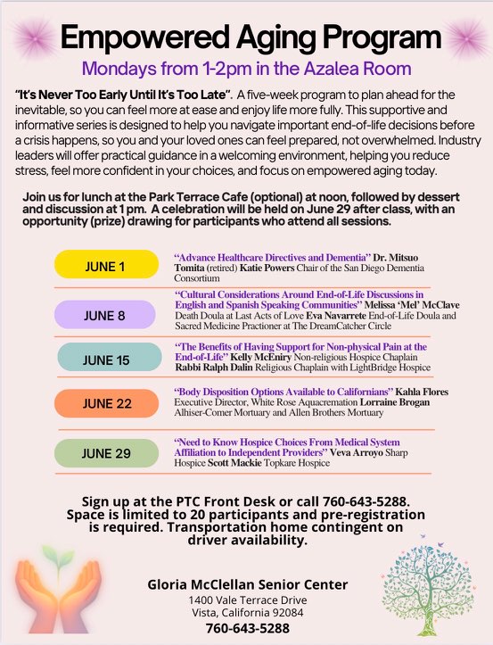 Vista Senior Center's "Empowered Aging" Series Mondays in June 1-2 PM